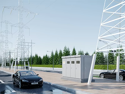 Modern Urban Road Facilities With Power Pylons Distribution Cabinets Black Cars And Green Trees 3d model
