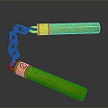 Yellow Martial Arts Nunchucks With Blue Red Accents And Metallic Chain Design