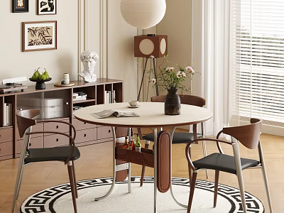 Round Dining Table Set with Chairs Wooden Sideboard Flower Vase Wall Art Geometric Rug and Window 3d model