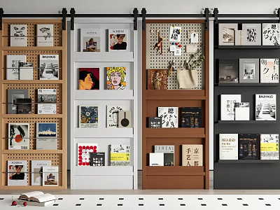 Contemporary Barn Door Display Wall With Wall Art Magazines And Decorative Shelves 3d model