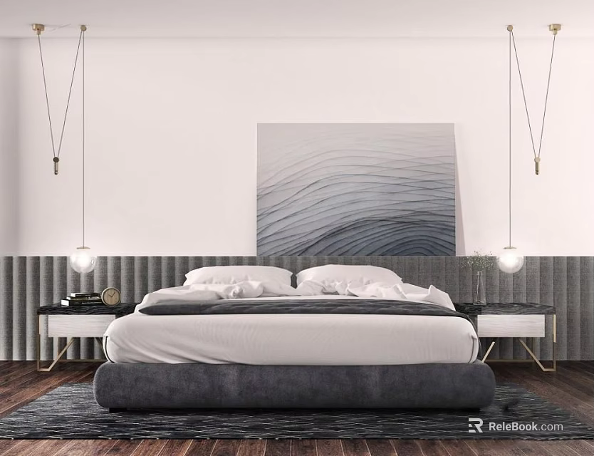 Modern Double Bed in Bedroom with Gray Wavy Headboard Wall Art Nightstands and Table Lamps 3d model 