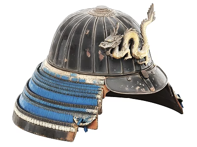 Traditional Japanese Samurai Helmet with Golden Dragon Ornament Black Body Blue Stripes 3d model