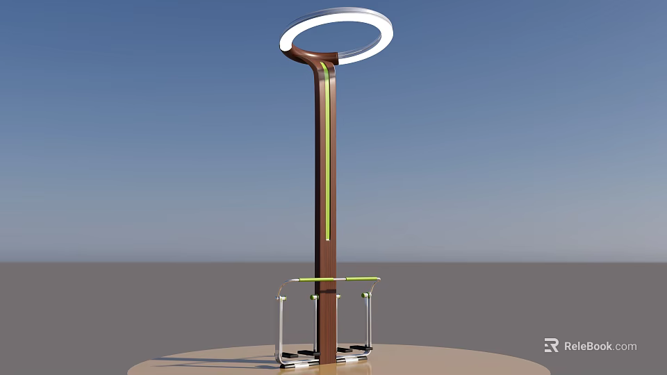 Modern Public Fitness Facility With Circular Top Brown Pole And Green Handrails 3d model 