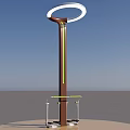 Modern Public Fitness Facility With Circular Top Brown Pole And Green Handrails