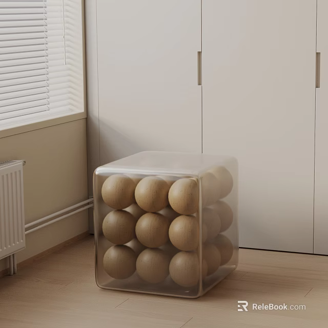 Transparent Cube Side Table With Wooden Balls In Room With White Cabinets And Window 3d model 