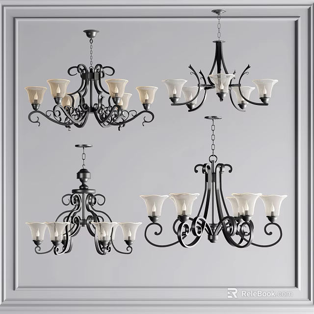 Classic Chandeliers With Black Metal Frames White Shades And Elegant Curved Details 3d model 