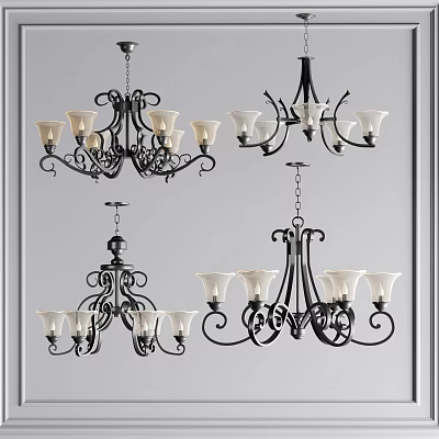 Classic Chandeliers With Black Metal Frames White Shades And Elegant Curved Details 3d model