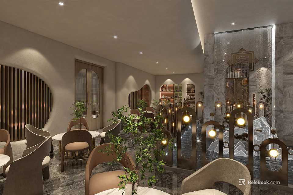 Elegant Modern Restaurant Interior With Dining Tables Chairs Ambient Lighting And Green Plants 3d model 