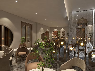 Elegant Modern Restaurant Interior With Dining Tables Chairs Ambient Lighting And Green Plants 3d model