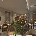 Elegant Modern Restaurant Interior With Dining Tables Chairs Ambient Lighting And Green Plants