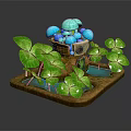 Cartoon Scene with Blue Mushrooms Green Clover Leaves and Small Water Stream on Brown Base