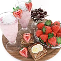 Fresh Strawberry Milkshakes with Cherries Strawberries Banana Slices and Whole Grain Crackers on Wooden Tray