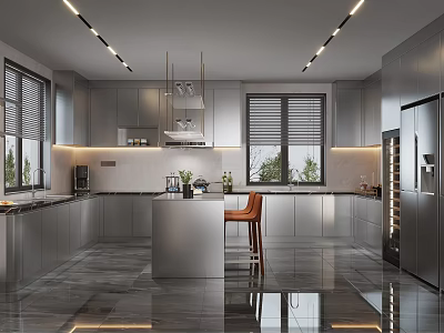 Modern Kitchen Interior Design With Island Counter Cabinets And Recessed Lighting 3d model