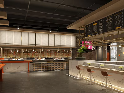 Stylish Modern Restaurant Interior With Open Counter Bar Stools Menu Boards Green Plant And Lighting 3d model