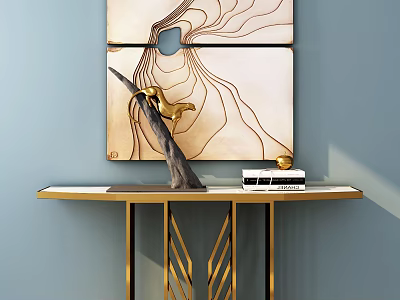 Modern Console Table with Abstract Painting Golden Legs and Decorative Sculpture on Blue Wall 3d model