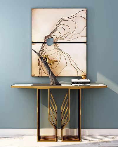 Modern Console Table with Abstract Painting Golden Legs and Decorative Sculpture on Blue Wall 3d model