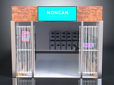 NONCAN Specialty Store With Brick Wall Sign Metal Gates And Display Shelves 3d model