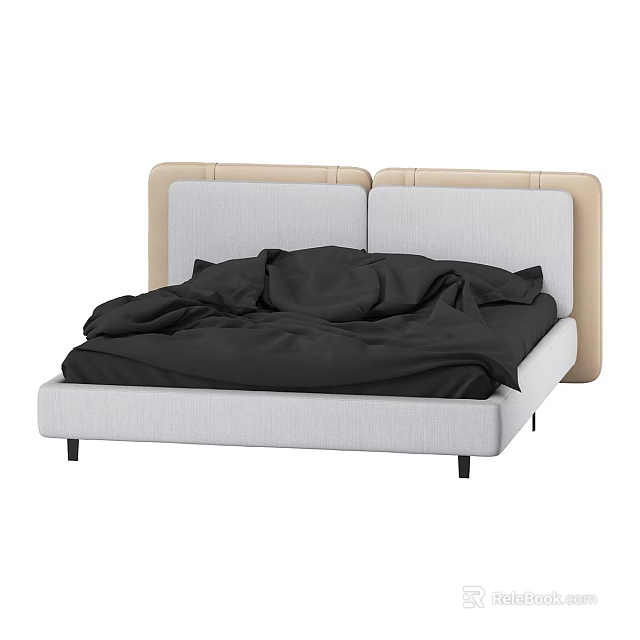 Modern Double Bed With Beige White Upholstered Headboard Black Bedding And White Frame 3d model 