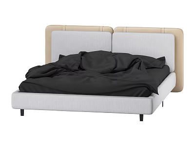 Modern Double Bed With Beige White Upholstered Headboard Black Bedding And White Frame 3d model