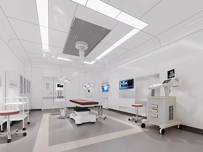Modern Hospital Outpatient Operating Room Interior With Surgical Table Lights Medical Equipment And Digital Monitors 3d model