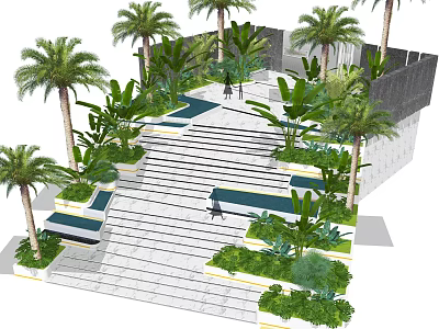 Elegant Outdoor Stairs Design With Palm Trees Green Plants And Water Features 3d model