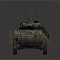 Camouflaged Six Wheeled Military Vehicle With Cage Armor Roof Mounted Machine Gun And Antennas