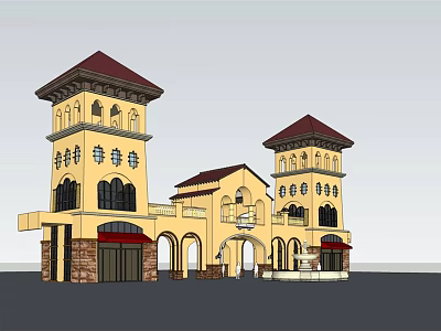 Mediterranean Style Entrance Gate With Yellow Exterior Towers Red Roofs And Arched Doorways 3d model