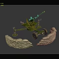 Vintage Green Wheeled Artillery Cannon With Stone Barricade Defense Structure