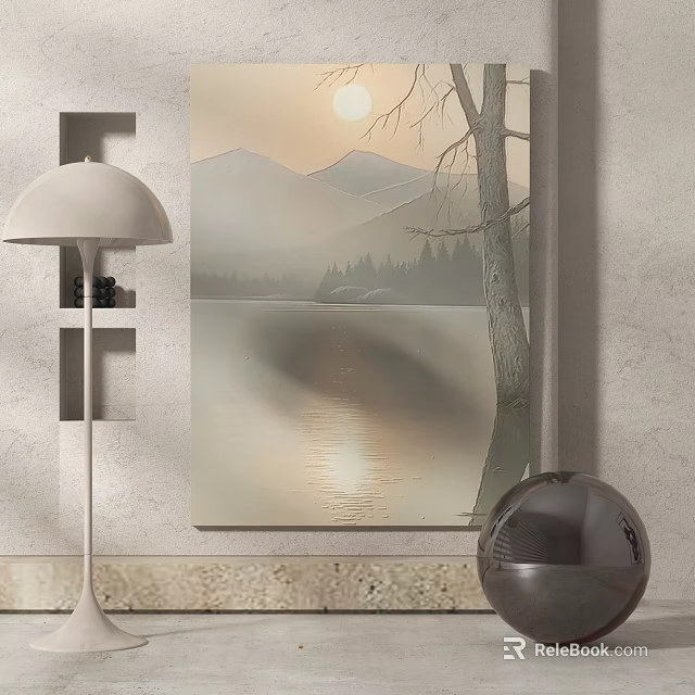 Modern Interior With Landscape Wall Art Mountain Lake Sunset And Decorative Lamp Sphere 3d model 