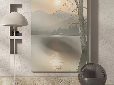 Modern Interior With Landscape Wall Art Mountain Lake Sunset And Decorative Lamp Sphere 3d model
