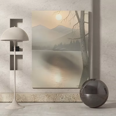 Modern Interior With Landscape Wall Art Mountain Lake Sunset And Decorative Lamp Sphere 3d model