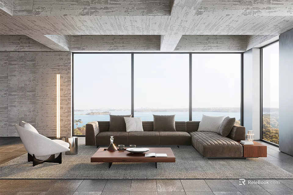 Modern Living Room Interior With Concrete Ceiling Large Windows Gray Sofa And Wooden Coffee Table 3d model 