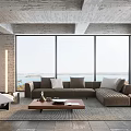 Modern Living Room Interior With Concrete Ceiling Large Windows Gray Sofa And Wooden Coffee Table