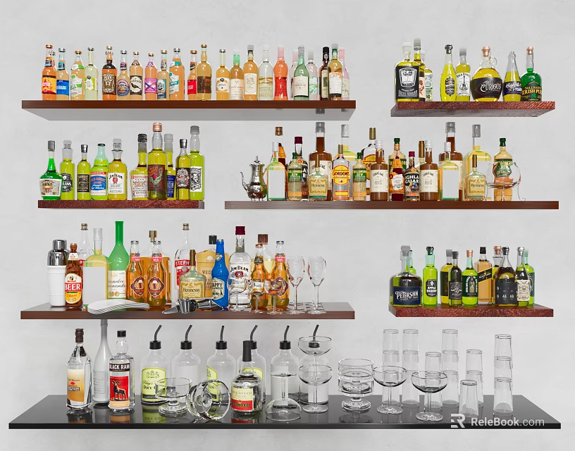 Various Alcohol Bottles And Wine Glasses Neatly Arranged On Shelves For 3d model 