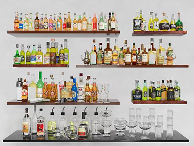 Various Alcohol Bottles And Wine Glasses Neatly Arranged On Shelves For 3d model