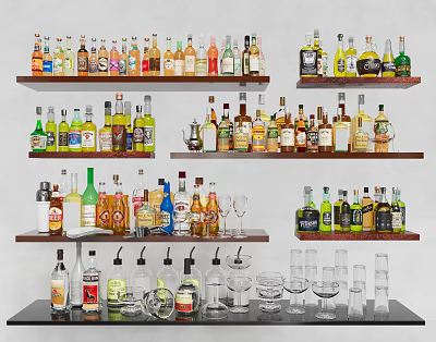 Various Alcohol Bottles And Wine Glasses Neatly Arranged On Shelves For 3d model