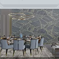 Elegant Private Dining Room Interior With Circular Ring Chandeliers Dining Table Chairs And Bird Decorations 3d model
