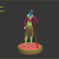 3D Character Model With Staff Red Scarf And Striped Clothing On Round Base 3d model