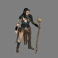 A Woman In Armor With Skull Decoration Holding Staff With Green Eyed Skull