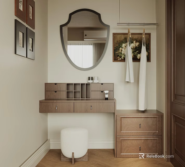 Elegant Wooden Dressing Table With Oval Mirror White Stool Side Cabinet And Decorative Paintings 3d model 