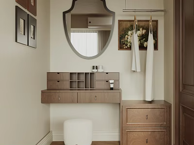 Elegant Wooden Dressing Table With Oval Mirror White Stool Side Cabinet And Decorative Paintings 3d model