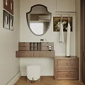 Elegant Wooden Dressing Table With Oval Mirror White Stool Side Cabinet And Decorative Paintings