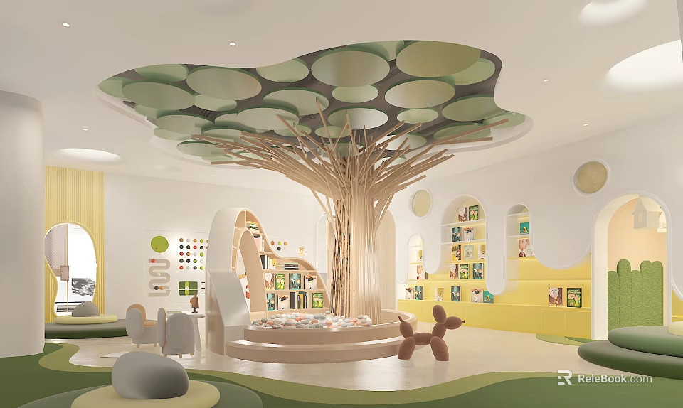 Colorful Kindergarten Interior With Tree Shaped Structure Green Beige Circular Ceiling Bookshelves And Toys 3d model 