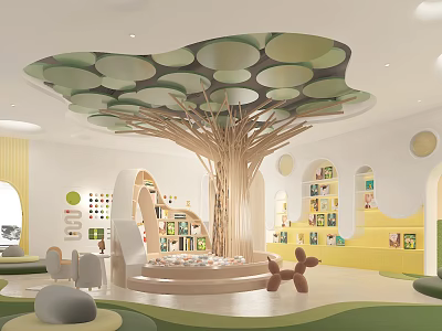 Colorful Kindergarten Interior With Tree Shaped Structure Green Beige Circular Ceiling Bookshelves And Toys 3d model