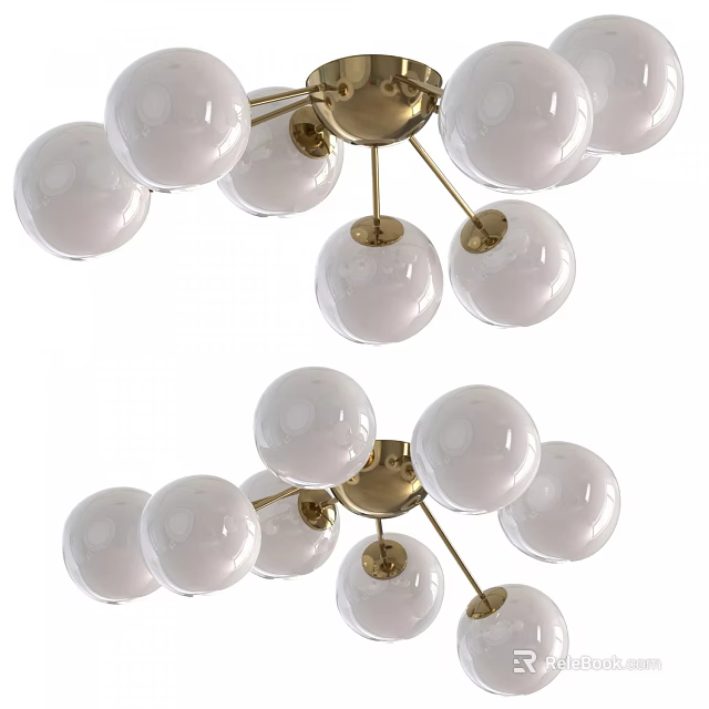 Modern Ceiling Light With Multiple White Spherical Shades And Golden Metal Frame 3d model