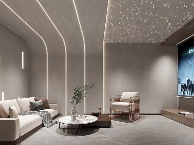 Modern Home Theater Interior With Starry Ceiling Curved LED Lighting Gray Walls And Sofa 3d model