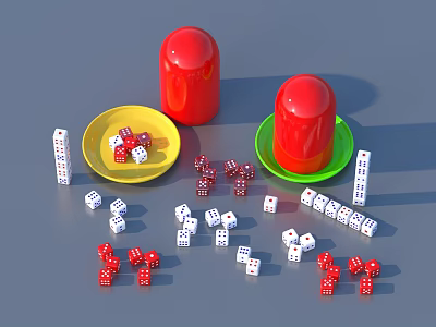 Dice Game Set With Red Cups Yellow Green Plates Dominoes And Colored Dice 3d model