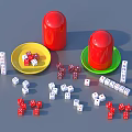 Dice Game Set With Red Cups Yellow Green Plates Dominoes And Colored Dice