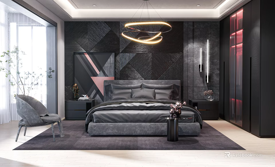 Modern Bedroom Interior With Black Gray Tones Circular Pendant Light Geometric Pattern Wall And Nightstands 3d model 