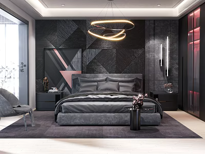 Modern Bedroom Interior With Black Gray Tones Circular Pendant Light Geometric Pattern Wall And Nightstands 3d model